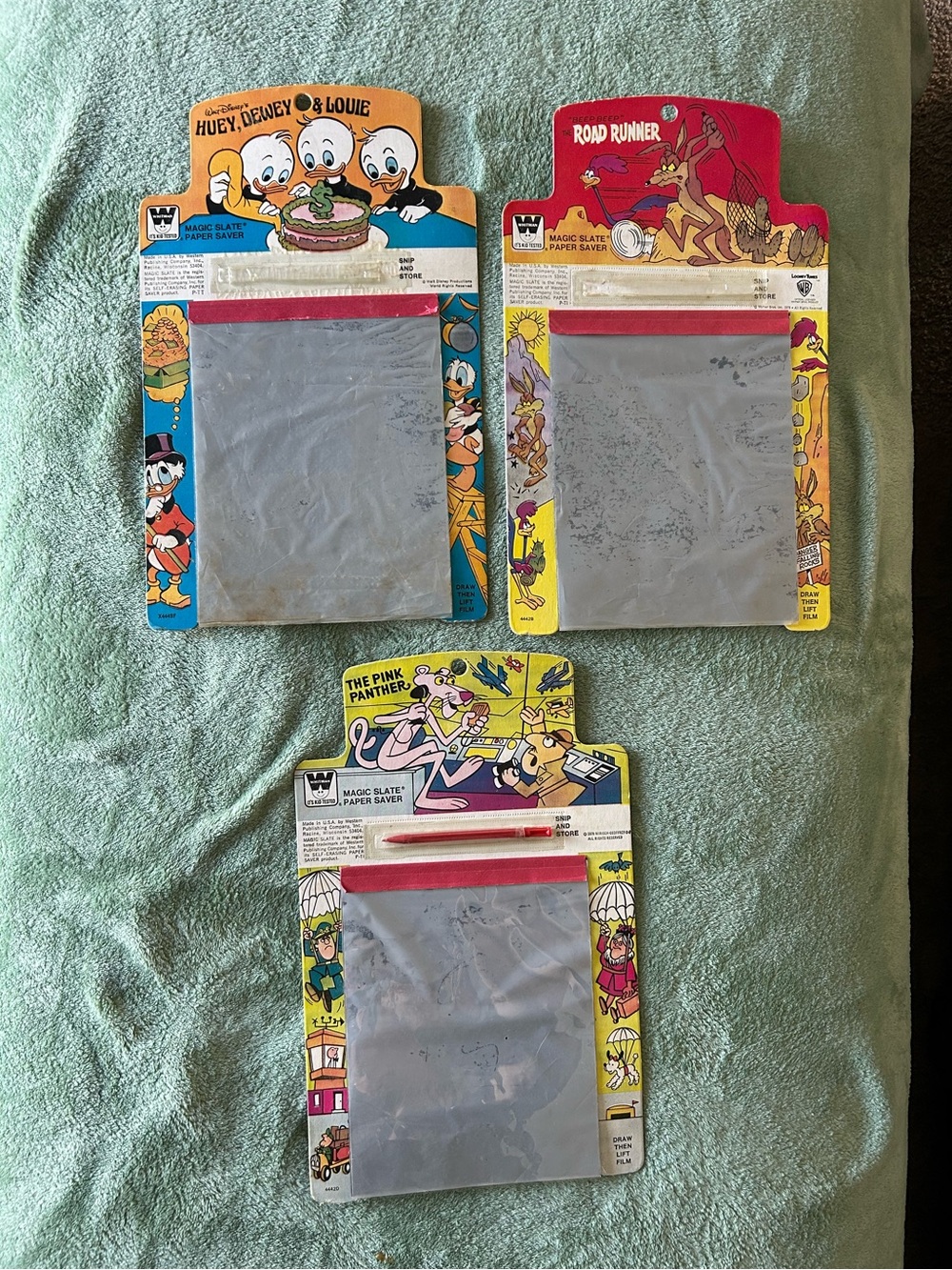 3 vintage Magic Slate Paper Savers Pink Panther Road Runner Huey Dewey Louie